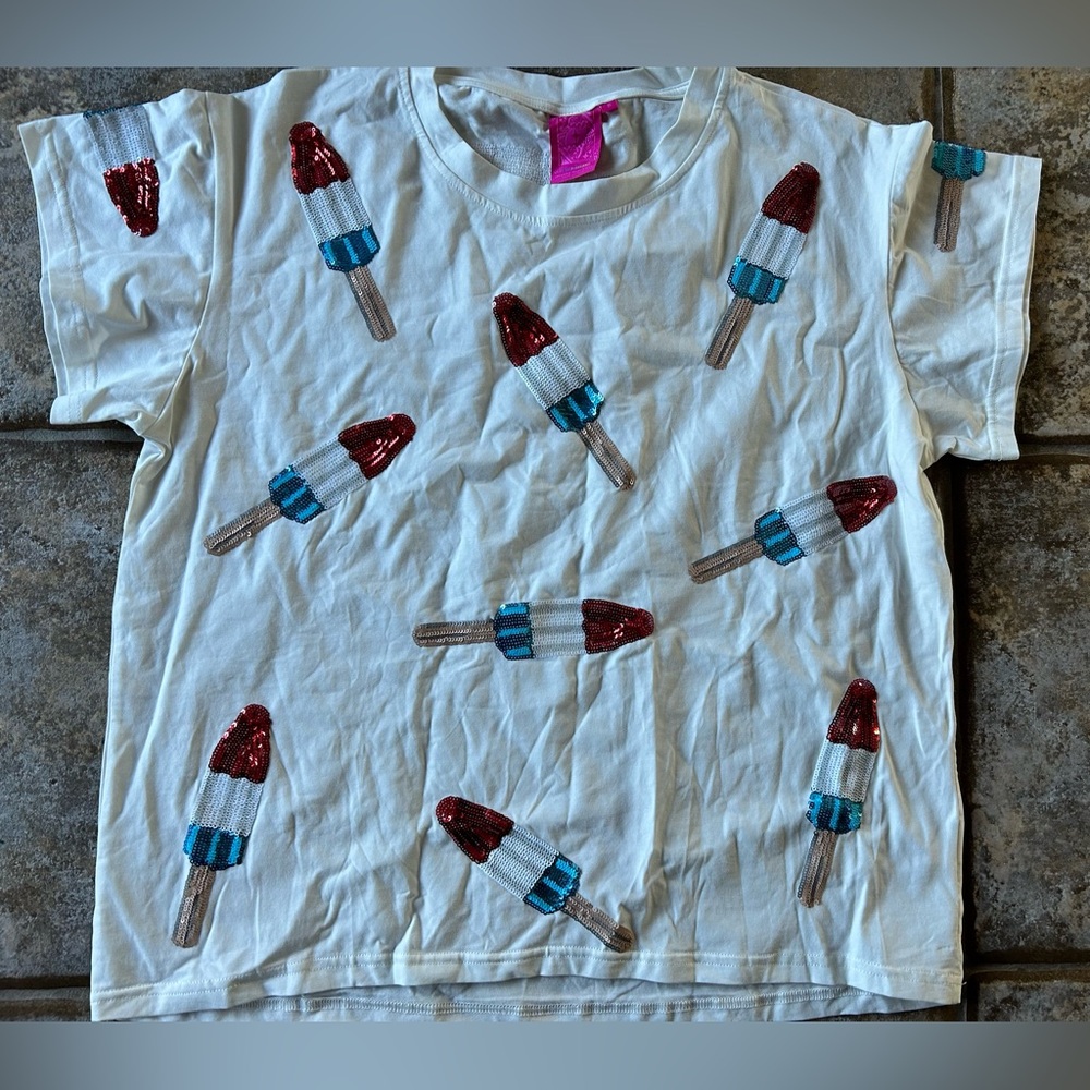 QUEEN OF SPARKLES White Tee with Red and Blue Sequin Popsicle Motifs